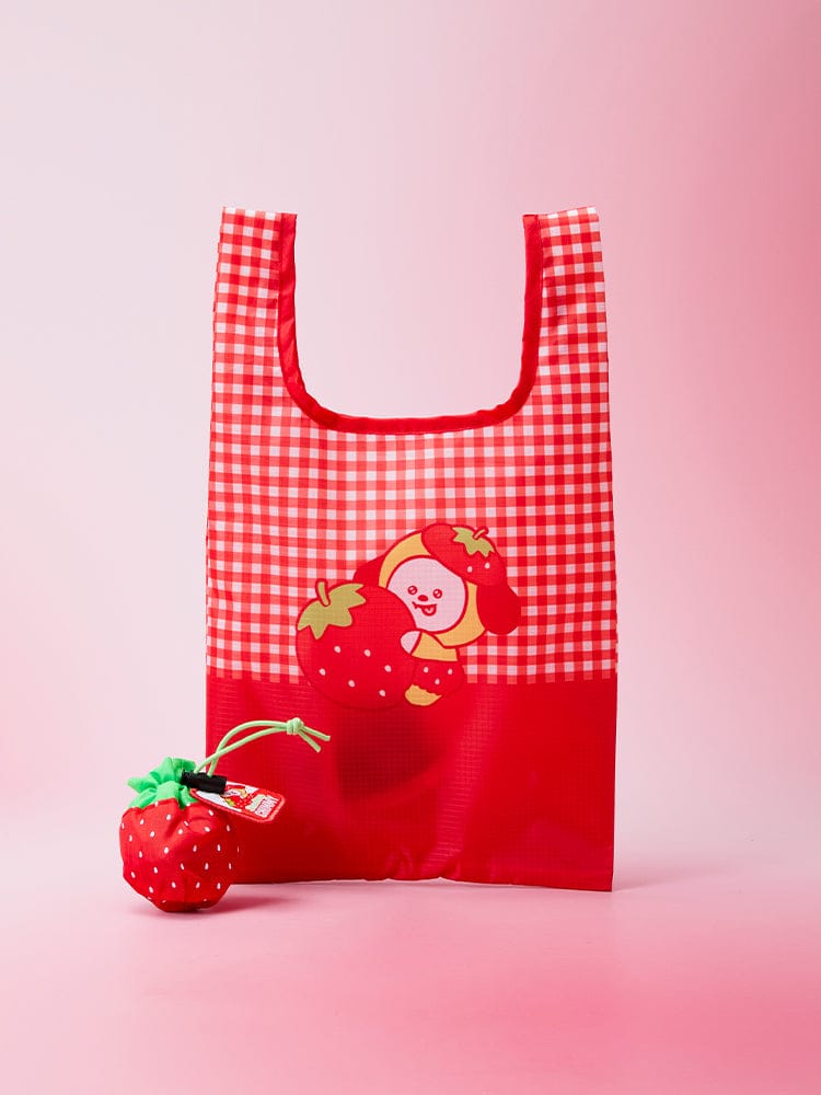 BT21 POUCH MARKET BAG STRAWBERRY PARTY sac pochettes rouges à carreaux fraise, personnages BT21, décor rose, LINE FRIENDS