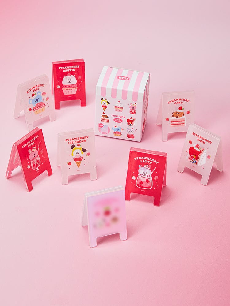 BT21 RANDOM ACRYLIC MULTI-CLIP STRAWBERRY PARTY (1P) : clips acryliques BT21 fraise sur fond rose, papeterie officielle LINE FRIENDS