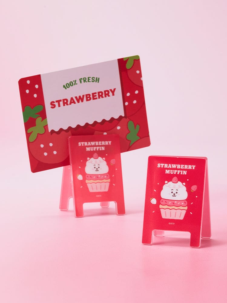 BT21 RANDOM ACRYLIC MULTI-CLIP STRAWBERRY PARTY (1P) LINE FRIENDS : clips acryliques fraise sur fond rose, design BT21