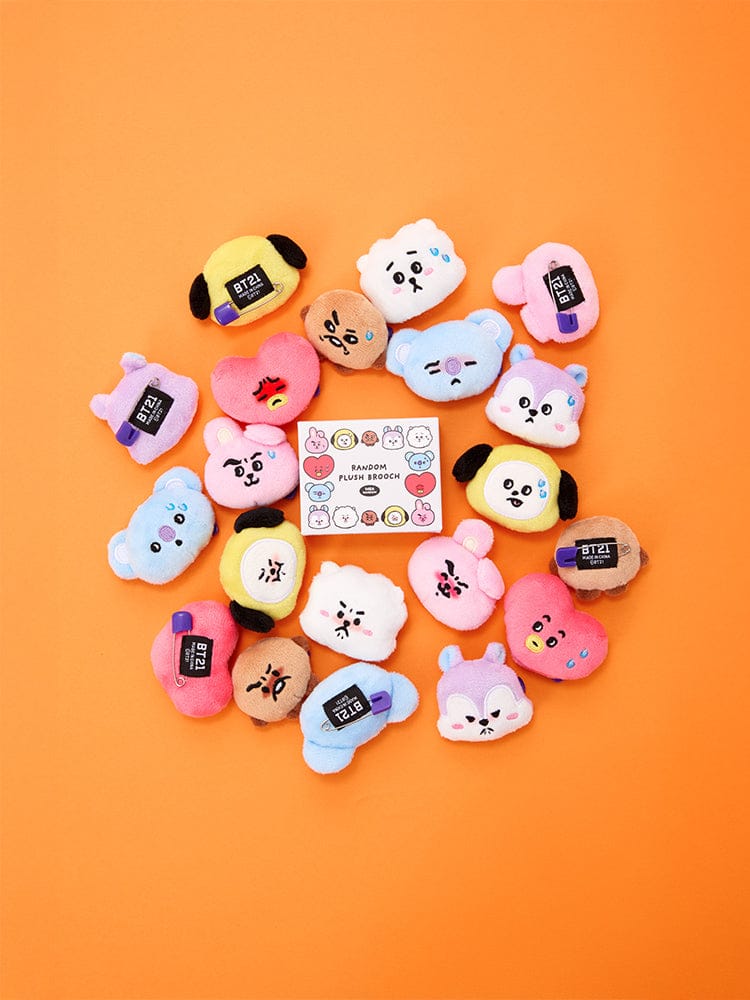 BT21 RANDOM FACE PLUSH BROOCH TODAY'S FACE (1P) : broches peluche personnages sur fond orange, LINE FRIENDS, BTS