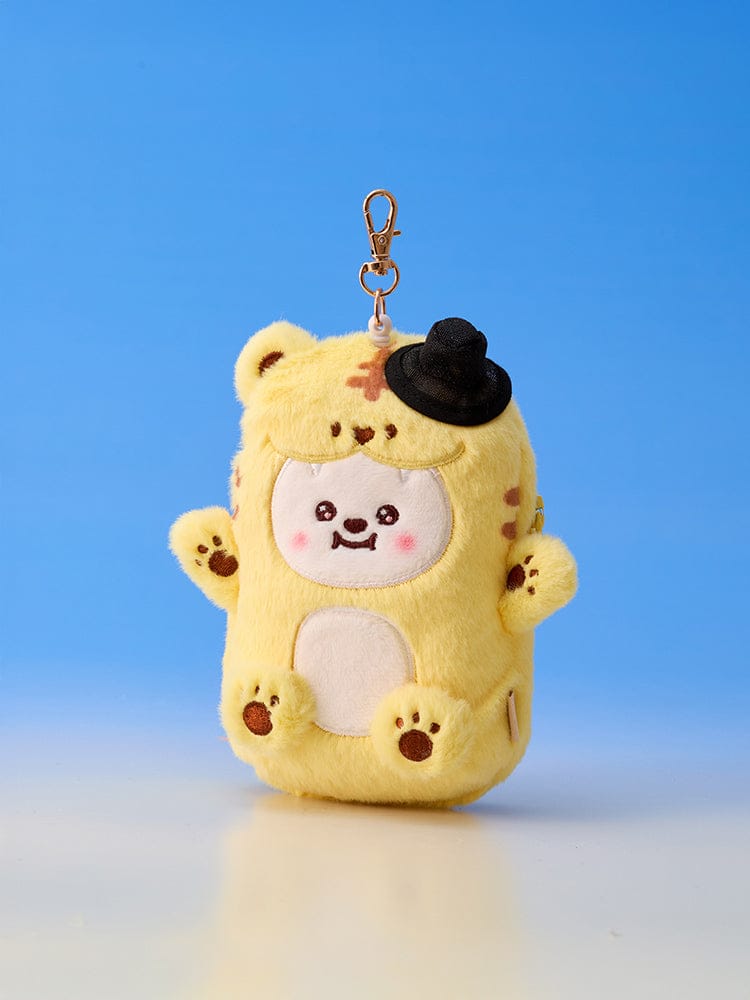 BT21 REEL PASS CASE K-HORANG, porte-badge peluche jaune K-Horang LINE FRIENDS, sous licence BTS, sur fond bleu