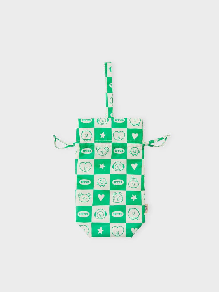 BT21 REUSABLE BOTTLE CARRIER GREEN 2023 F/W TRAVEL ACC. EDITION, porte-bouteille vert avec motifs kawaii BT21.