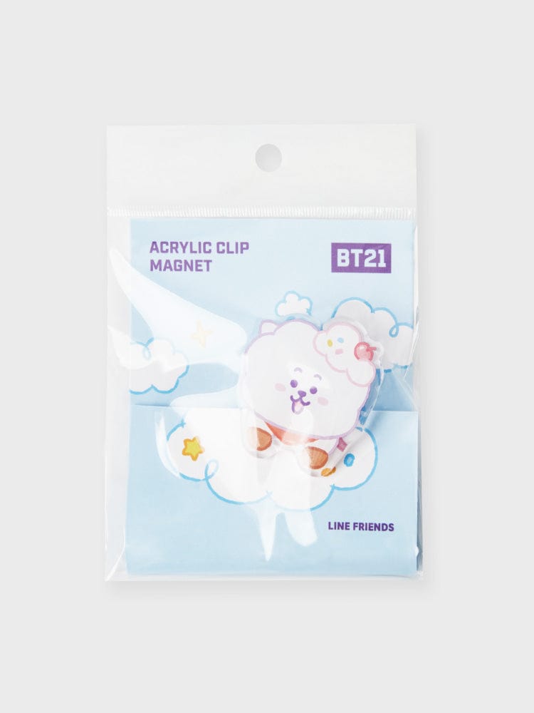 BT21 RJ ACRYLIC MAGNETIC CLIP ON THE CLOUD EDITION : pince aimantée acrylique RJ alpaga, papeterie LINE FRIENDS sur fond bleu.