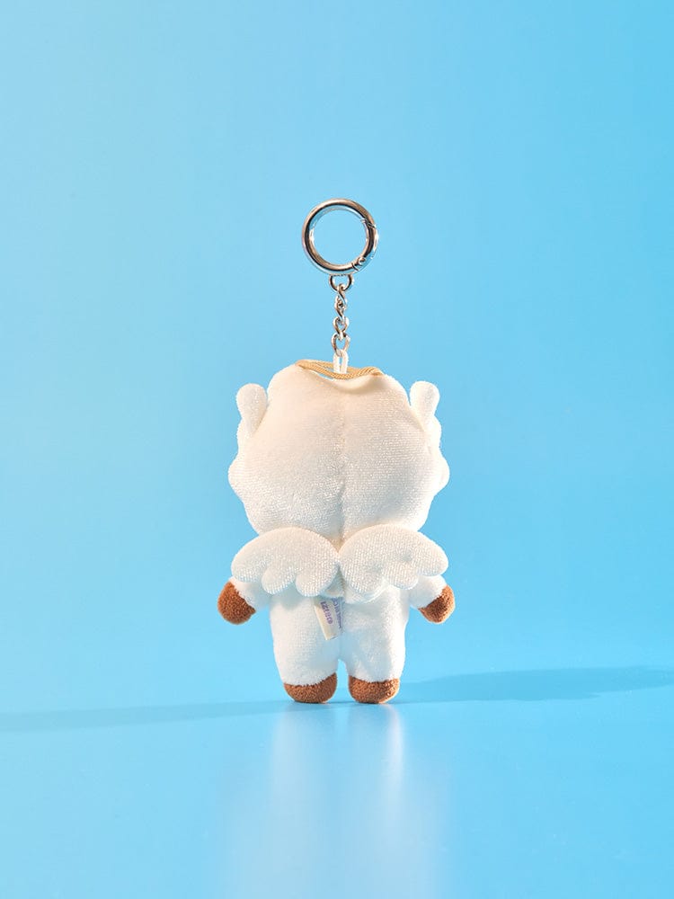 BT21 RJ ANGEL PLUSH KEYRING ANGEL & VILLAIN : porte-clés peluche RJ alpaga sur fond bleu ciel, produit officiel LINE FRIENDS.