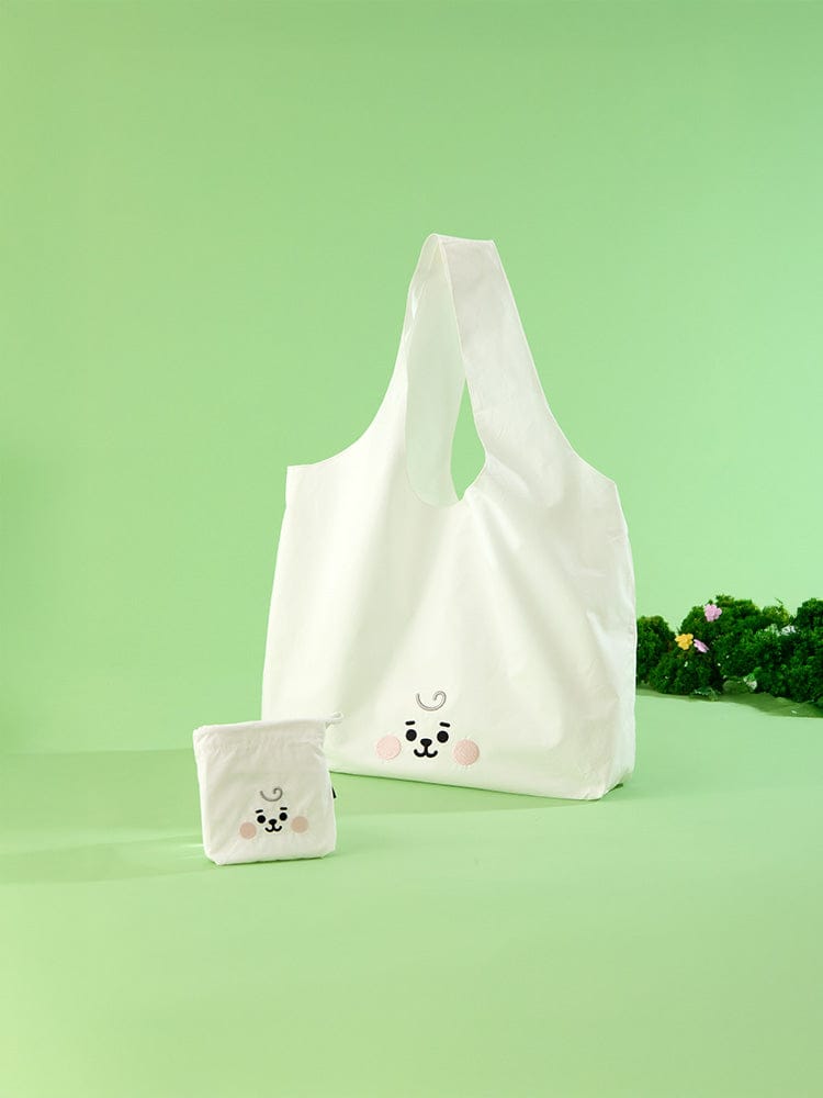 BT21 RJ BABY BASIC ECO BAG : sac écologique blanc avec motif RJ et petite pochette, décor vert, LINE FRIENDS