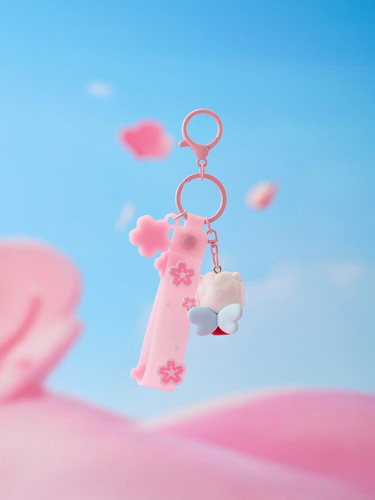 BT21 RJ BABY FIGURINE KEYRING SPRING FAIRY : porte-clés figurine RJ alpaga sur fond ciel rose, produit officiel LINE FRIENDS.