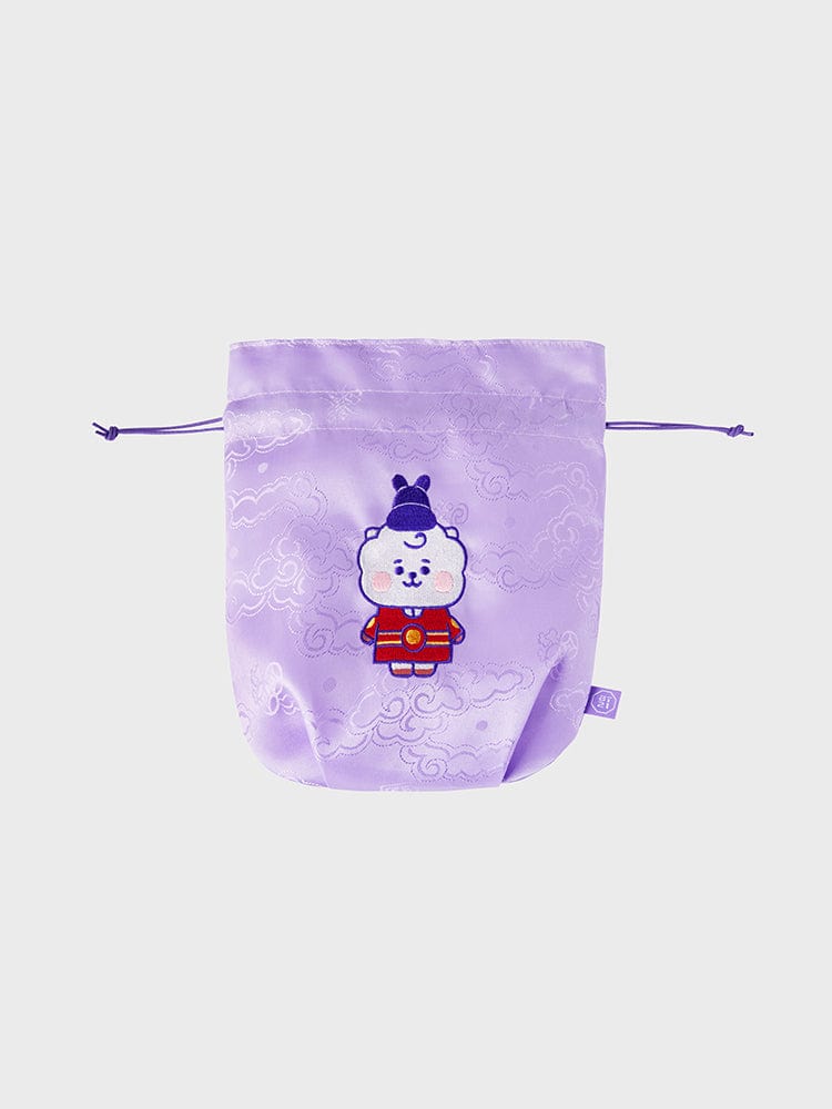 BT21 RJ BABY GOOD LUCK POUCH K-EDITION ver.2 : pochette bébé alpaga RJ violette, cordons, design officiel LINE FRIENDS.