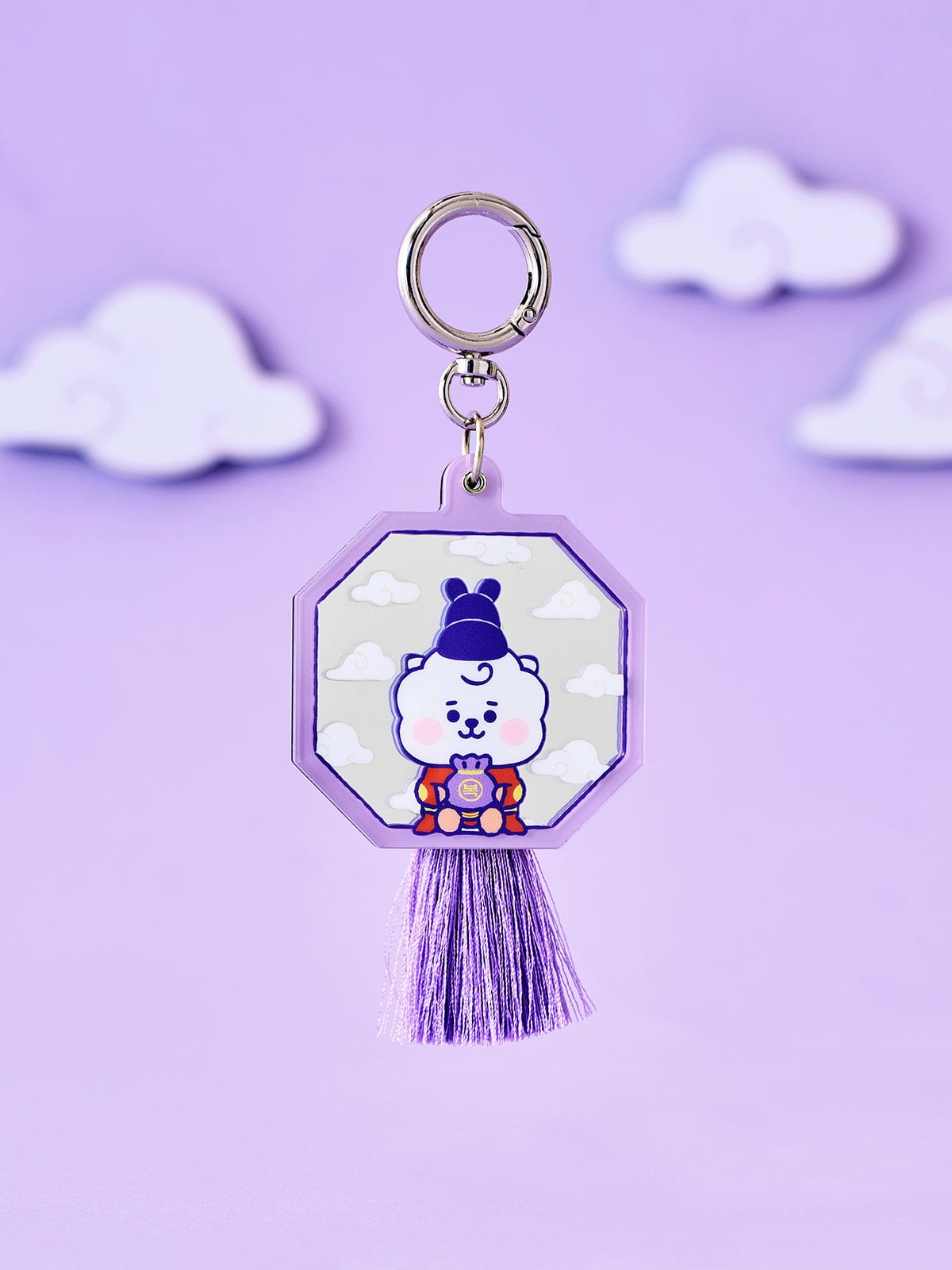 BT21 RJ BABY MIRROR KEYRING K-EDITION ver.2 : porte-clés miroir RJ Jin BTS, fond lilas avec nuages, accessoire LINE FRIENDS