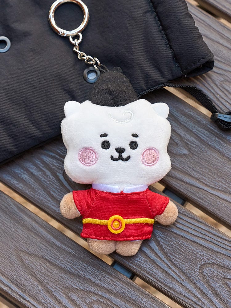BT21 RJ BABY PLUSH KEYRING K-EDITION 2, porte-clés LINE FRIENDS en peluche RJ sur un sac noir, fan K-pop