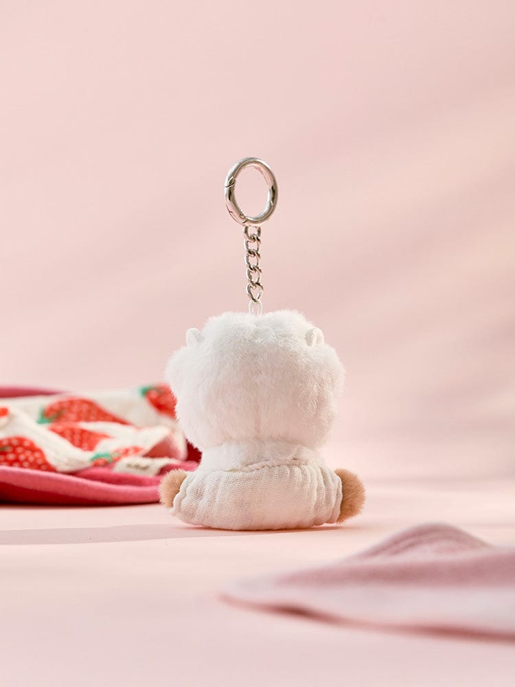 BT21 RJ BABY PLUSH KEYRING NEWBORN SEASON 2 : porte-clés peluche alpaga RJ, officiel LINE FRIENDS, sur tissu rose