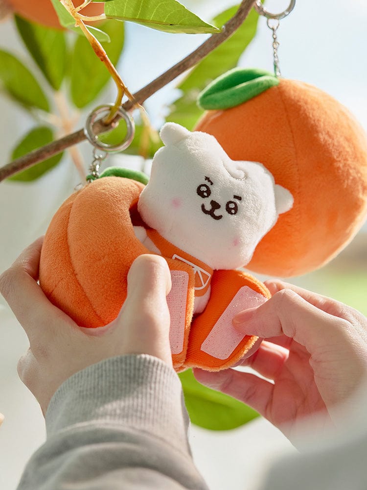 BT21 RJ BABY PLUSH KEYRING ORANGE PARTY porte-clés alpaga RJ orange sur fond vert, accessoire officiel LINE FRIENDS K-pop