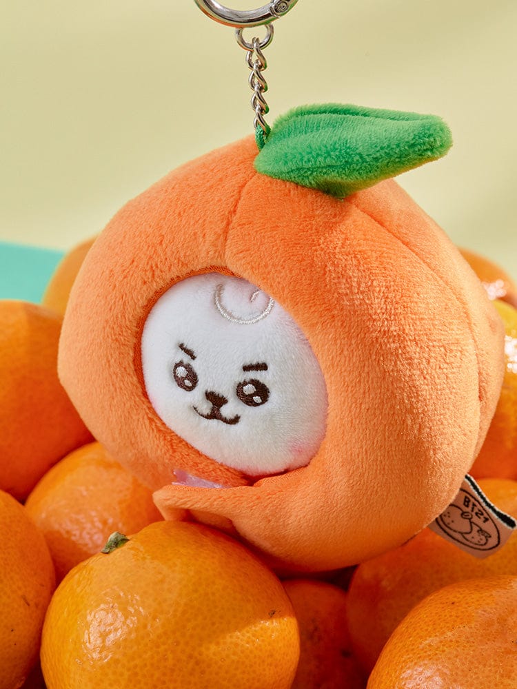 BT21 RJ BABY PLUSH KEYRING ORANGE PARTY, porte-clés peluche orange RJ LINE FRIENDS, fond pastel, gros plan mignon.