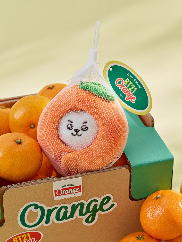 BT21 RJ BABY PLUSH KEYRING ORANGE PARTY, porte-clés officiel LINE FRIENDS orange en peluche RJ sur boîte.