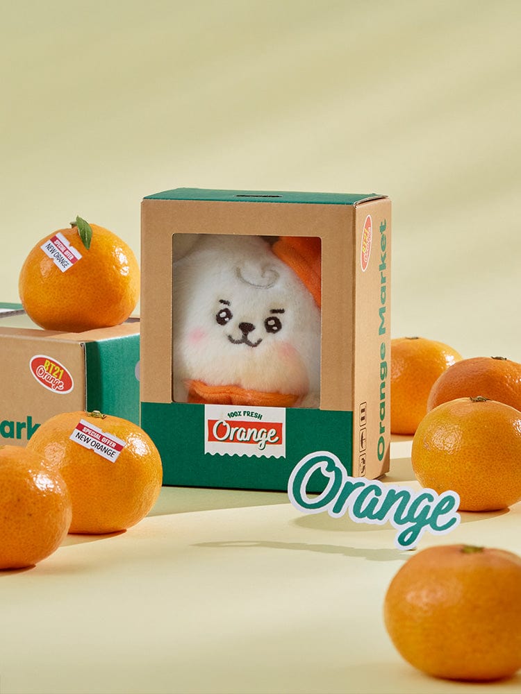 BT21 RJ BABY PLUSH ORANGE PARTY, peluche orange RJ alpaga LINE FRIENDS en boîte, décor de fête sur fond clair