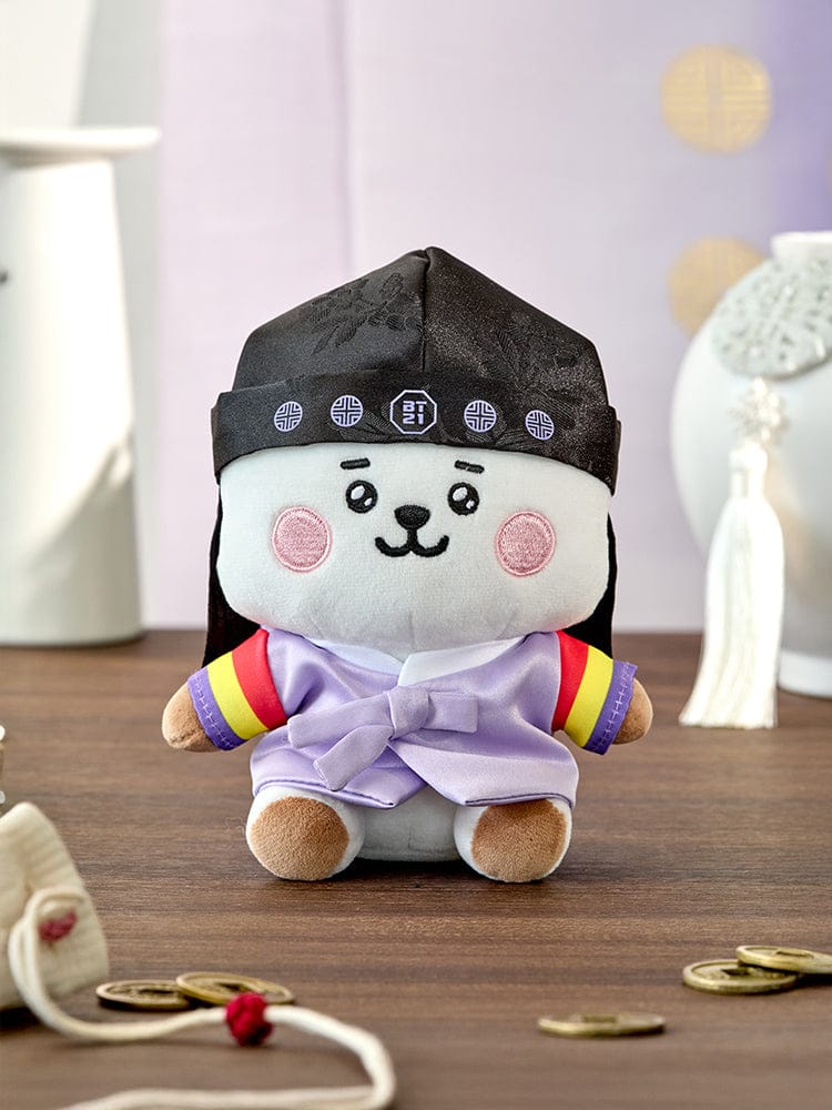 BT21 RJ BABY Premium K Edition Sitting Doll : peluche RJ alpaga assise, déco chambre, tenue violette et bandana, sous licence LINE.