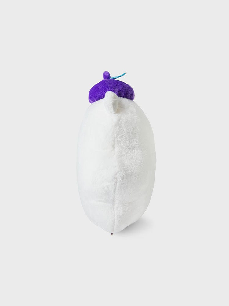 BT21 RJ CUSHION HOPE IN LOVE, coussin alpaga RJ LINE FRIENDS, look kawaii blanc et violet sur fond clair.