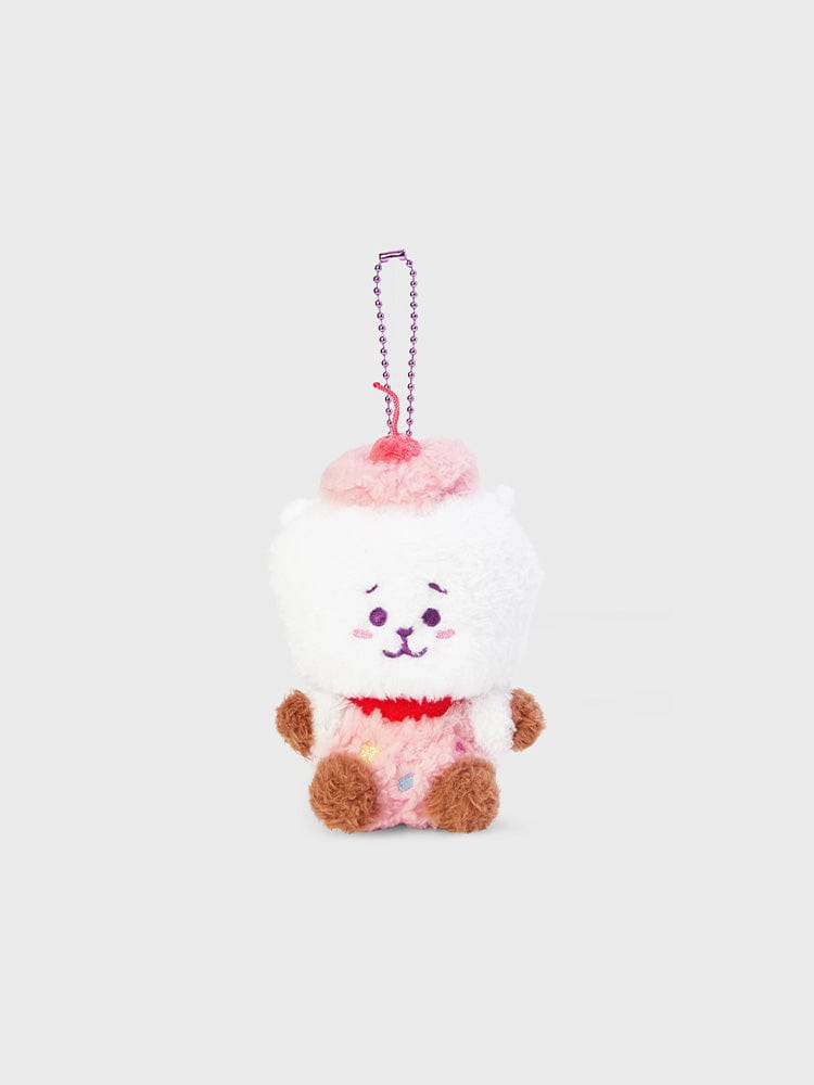 BT21 RJ DOLL KEYRING ON THE CLOUD EDITION : porte-clés officiel LINE FRIENDS, alpaga RJ sur nuage rose, détail sur fond clair.