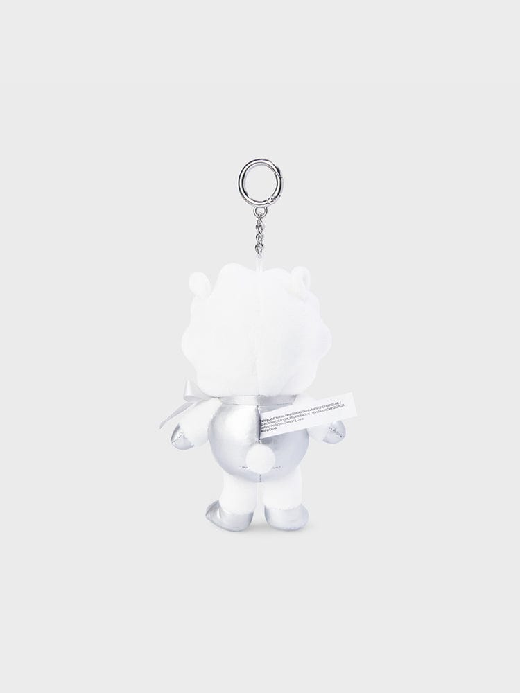 BT21 RJ DOLL KEYRING SILVER EDITION : porte-clés officiel LINE FRIENDS avec figurine RJ argent sur fond clair.