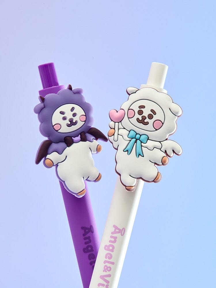 BT21 RJ GEL PEN SET (2PCS) ANGEL & VILLAIN, stylos gel officiels LINE FRIENDS avec RJ ange et RJ démon sur fond bleu
