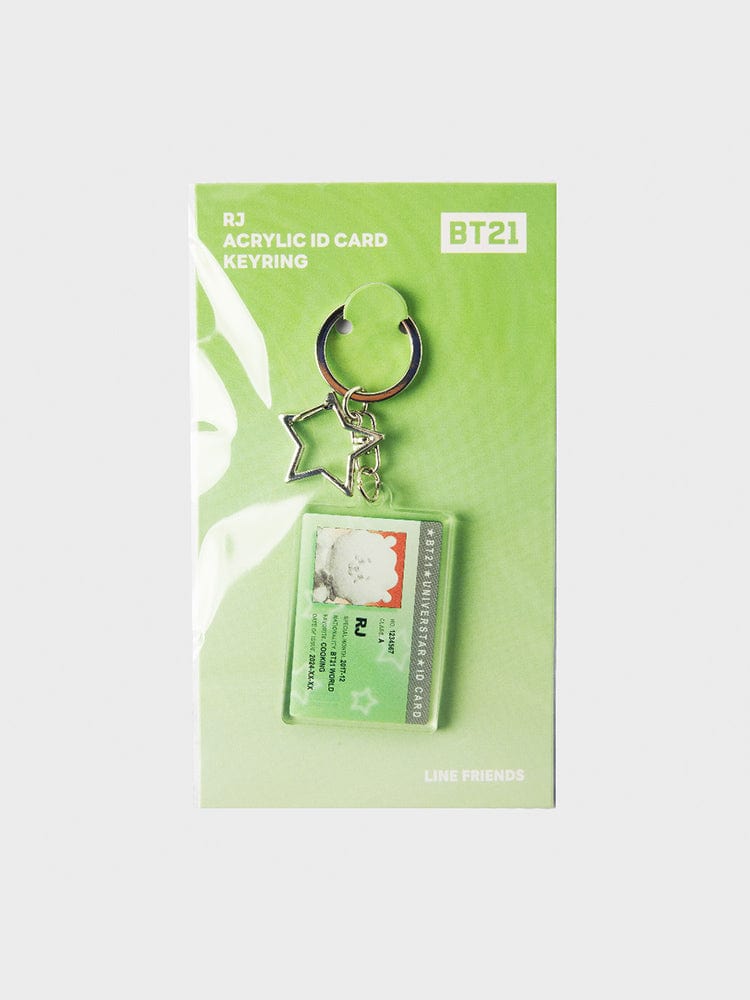 BT21 RJ ID CARD ACRYLIC KEYRING SILVER EDITION : porte-clés en acrylique RJ, carte ID, emballage LINE FRIENDS, sur fond vert.