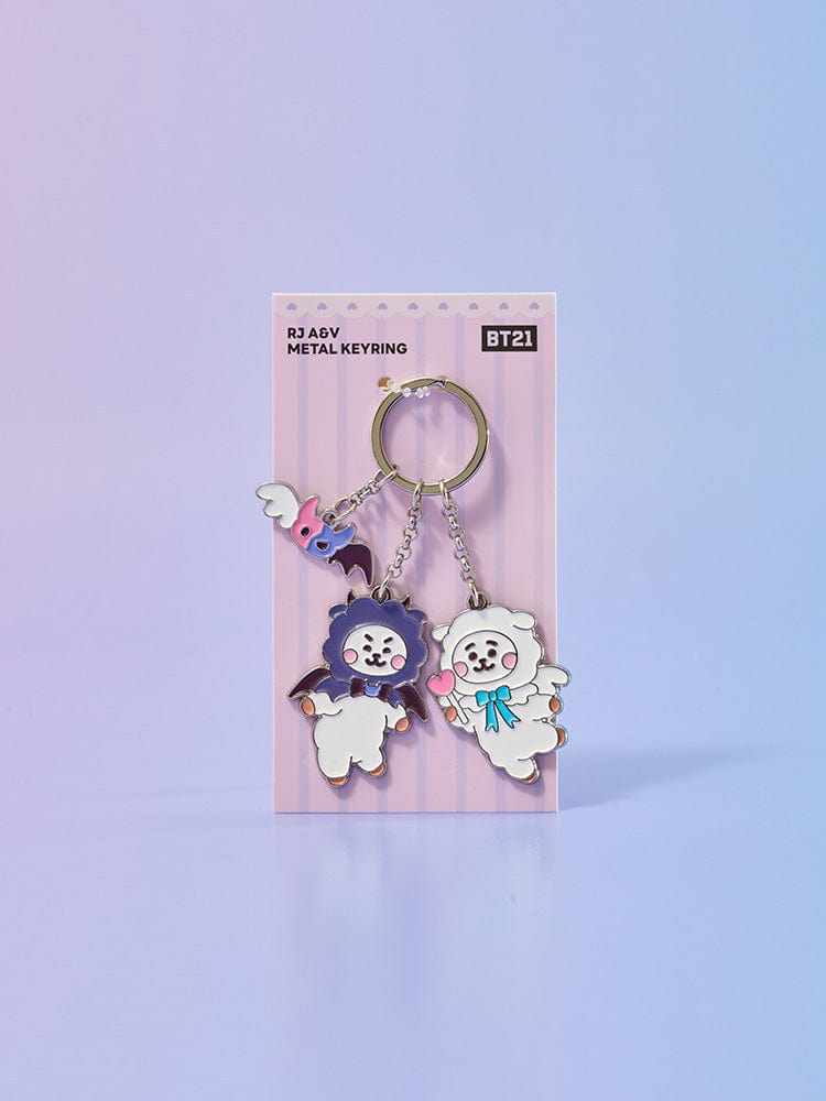 BT21 RJ METAL KEYRING ANGEL & VILLAIN, porte-clés officiel LINE FRIENDS sur fond bleu, RJ ange & vilain