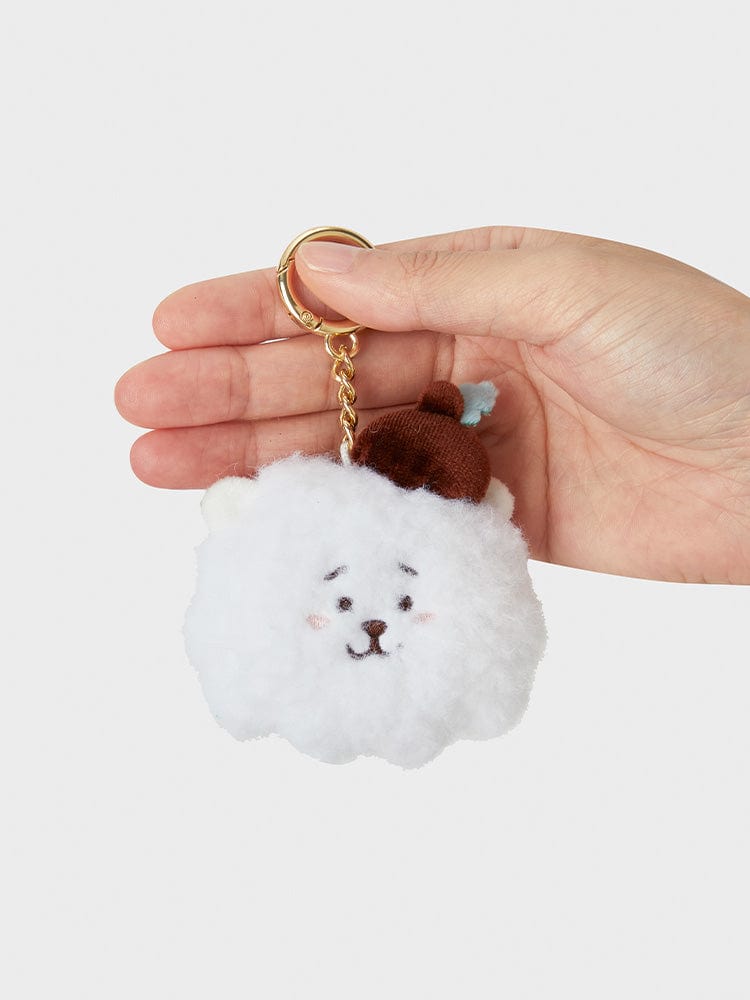BT21 RJ MINI KEYRING HOPE IN LOVE, porte-clés LINE FRIENDS officiel tenu en main, alpaga RJ blanc sur fond clair