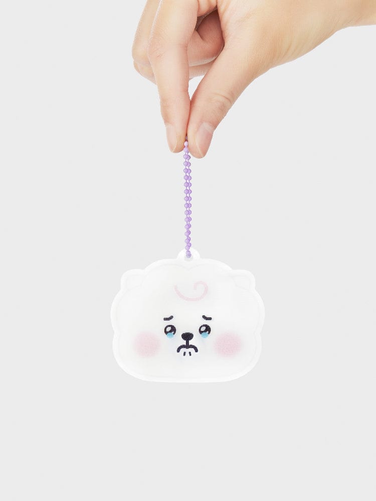 BT21 RJ NEWBORN BABY LENTICULAR 3D KEYRING, porte-clés officiel LINE FRIENDS, main tenant le keyring blanc et violet