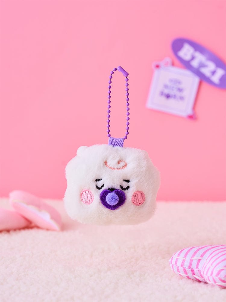 BT21 RJ NEWBORN BABY PLUSH KEYRING, porte-clés officiel LINE FRIENDS en alpaga RJ sur fond rose pastel.