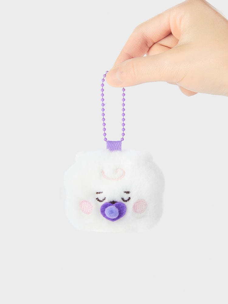 BT21 RJ NEWBORN BABY PLUSH KEYRING, porte-clés alpaga RJ, main tenant, décor blanc, accessoire LINE FRIENDS officiel