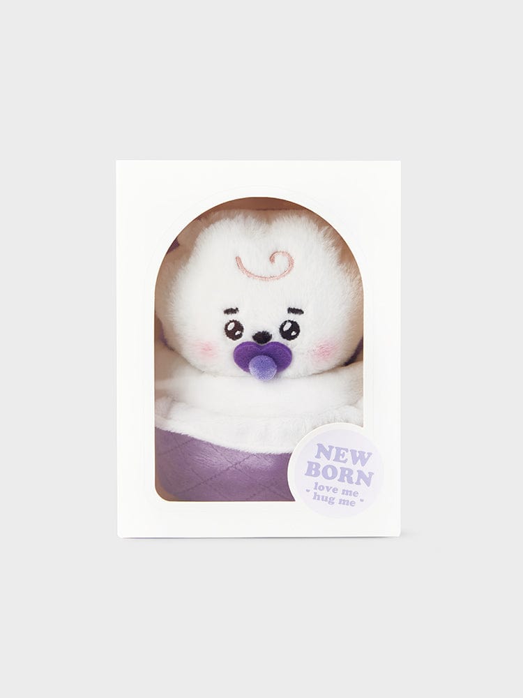 BT21 RJ NEWBORN BABY PLUSH LINE FRIENDS : peluche alpaga nouveau-né RJ, sur emballage blanc.