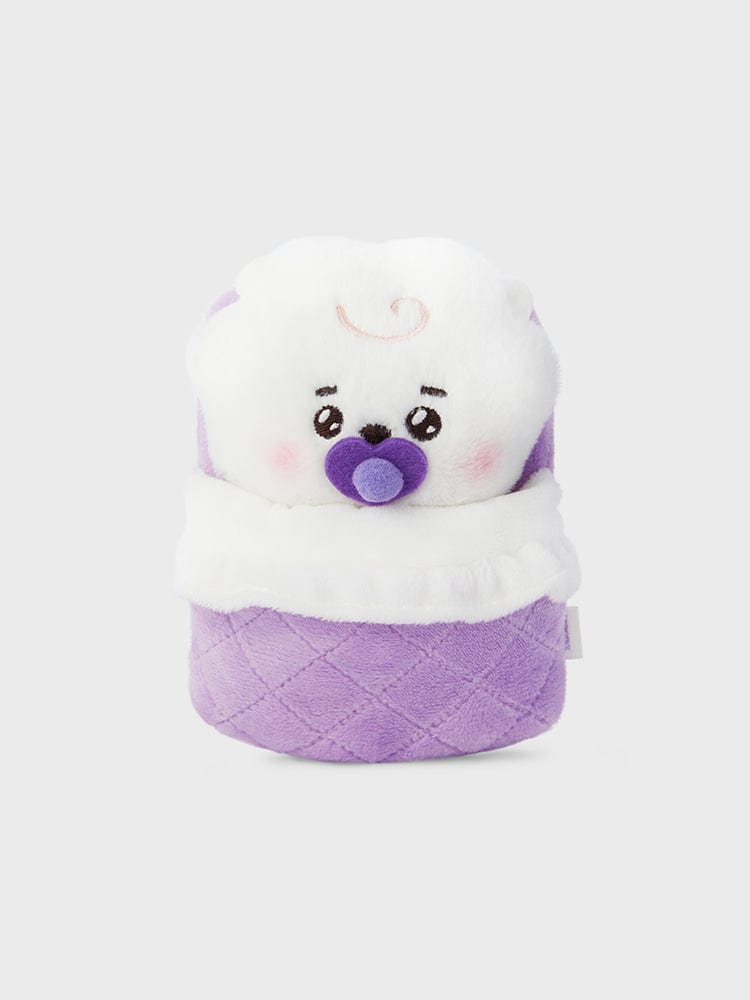 BT21 RJ NEWBORN BABY PLUSH, peluche alpaga officielle LINE FRIENDS, avec bonnet violet sur fond clair, décor chambre ou cadeau