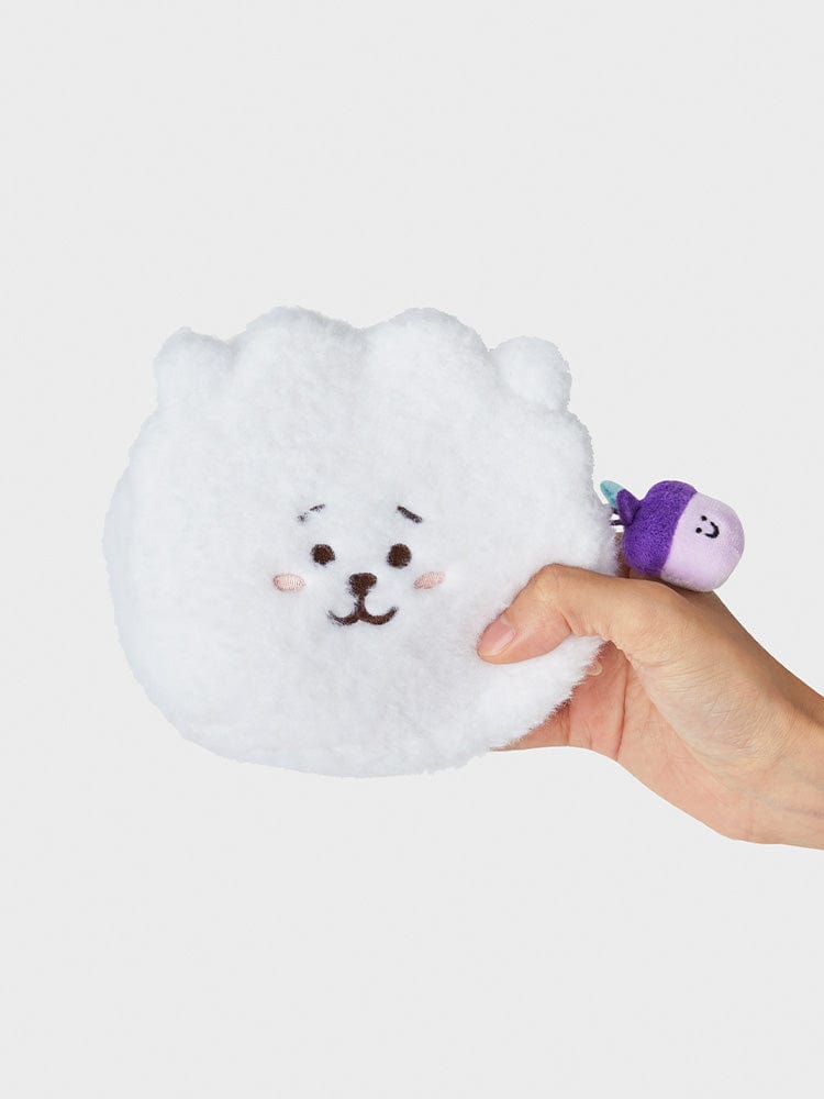 BT21 RJ PLUSH POUCH HOPE IN LOVE : peluche RJ alpaga LINE FRIENDS, en main sur fond clair, poche en forme douce