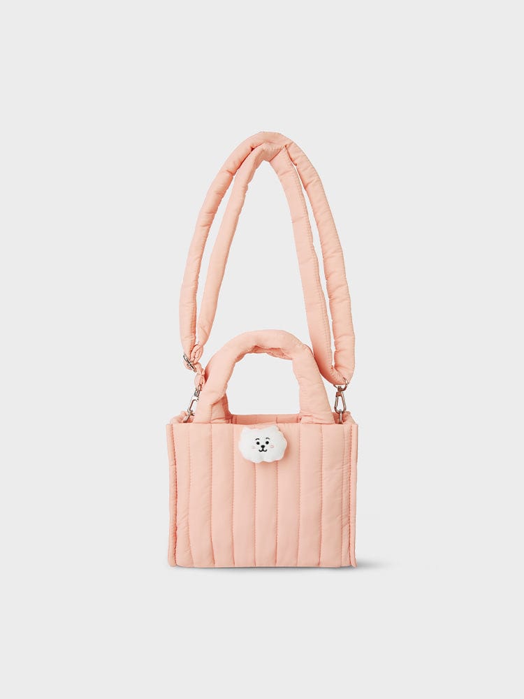 BT21 RJ QUILTED BAG WITH FACE PLUSH BADGE WINTER EDITION : sac matelassé rose avec badge peluche visage RJ LINE FRIENDS