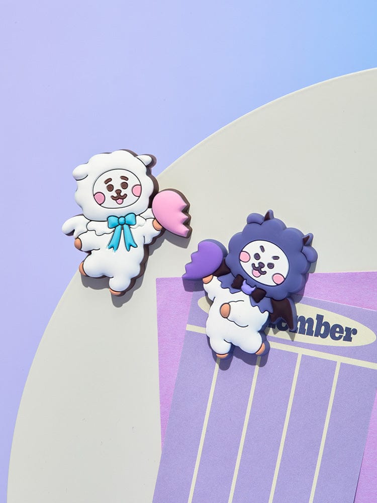 BT21 RJ SILICONE MAGNET SET (2PCS) ANGEL & VILLAIN LINE FRIENDS : 2 aimants silicone RJ alpaga sur papier violet et bleu