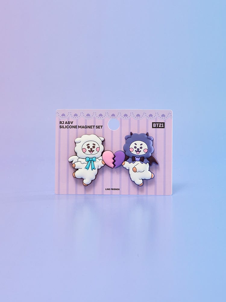 BT21 RJ SILICONE MAGNET SET (2PCS) ANGEL & VILLAIN : set de 2 aimants RJ, packaging papeterie LINE FRIENDS sur fond bleu