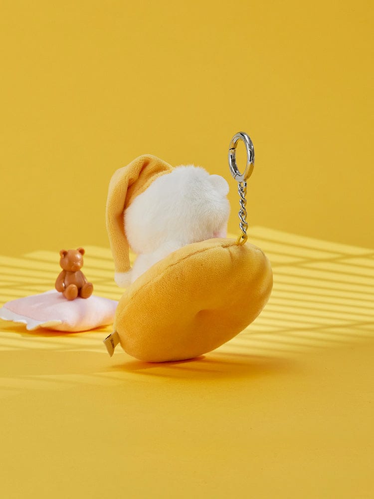 BT21 RJ mini minini PLUSH KEYRING CHILL BREAK : porte-clés alpaga RJ en peluche, fond jaune, style K-pop BT21 officiel.