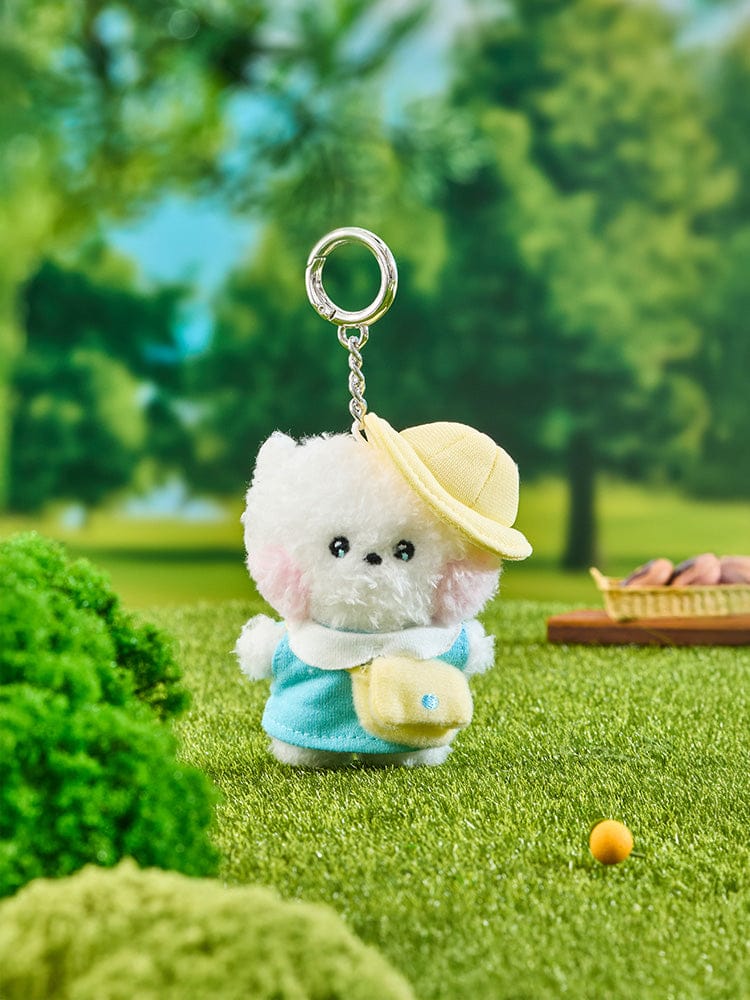 BT21 RJ mini minini PLUSH KEYRING PICNIC MATE porte-clés alpaga RJ sur pelouse, décor pique-nique vert, officiel LINE