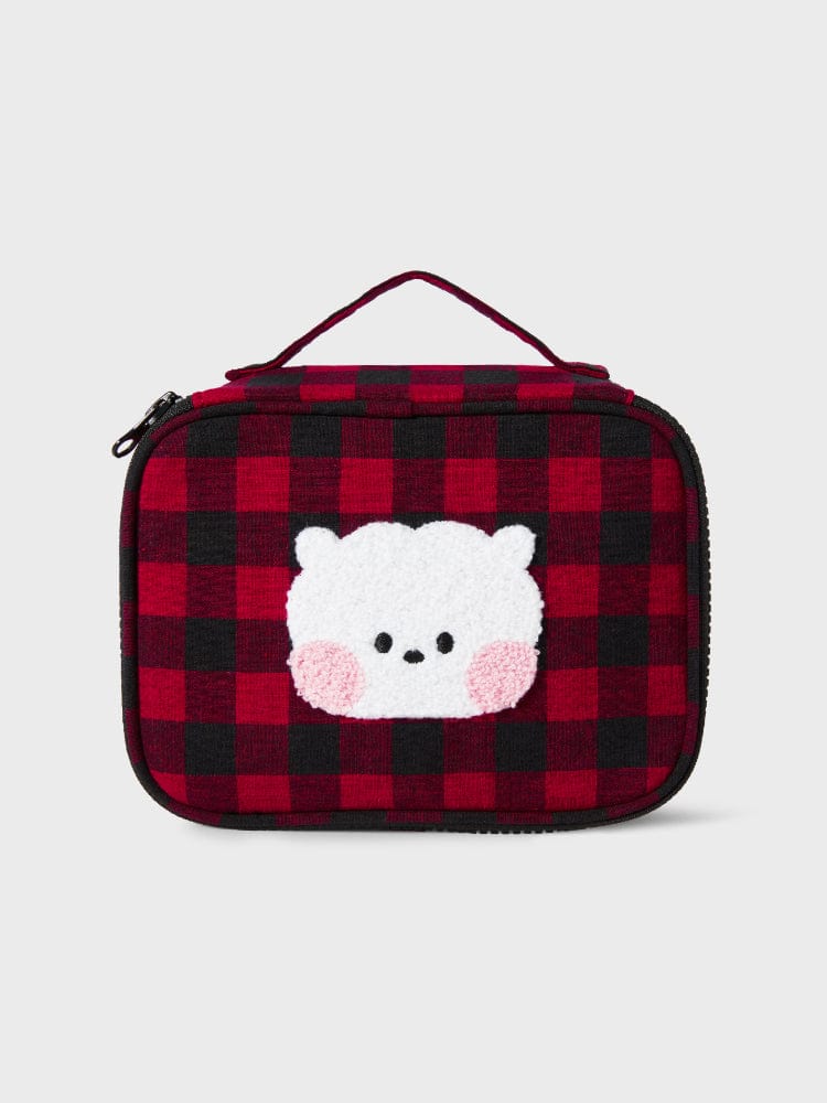 BT21 RJ minini CHECKERED POUCH BASIC : pochette zippée à carreaux rouges et noirs, alpaga RJ Jin de BTS, LINE FRIENDS