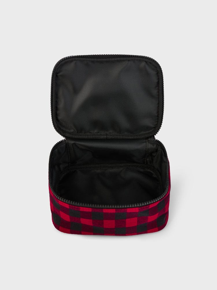 BT21 RJ minini CHECKERED POUCH BASIC LINE FRIENDS : pochette noire à carreaux rouges, forme arrondie avec RJ