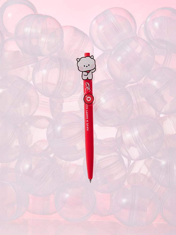 BT21 RJ minini GEL PEN LUCKY GATCHA, stylo gel RJ alpaga Jin BTS, design rouge, sur fond de figurines BT21.