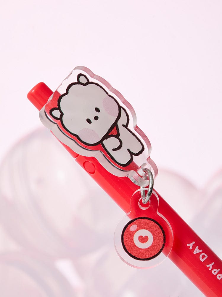 BT21 RJ minini GEL PEN LUCKY GATCHA, stylo gel rouge LINE FRIENDS avec RJ alpaga mignon, fond rose.