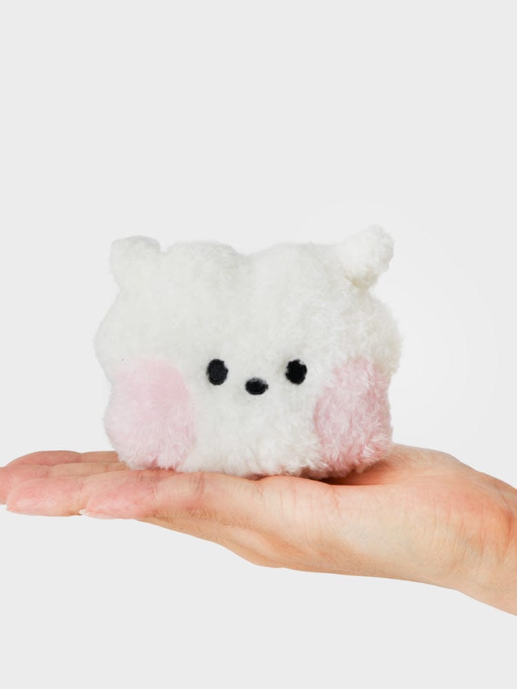 BT21 RJ minini HANDHELD MIRROR GLITTER EDITION : peluche alpaga RJ blanche sur main, rendu doux, fond clair