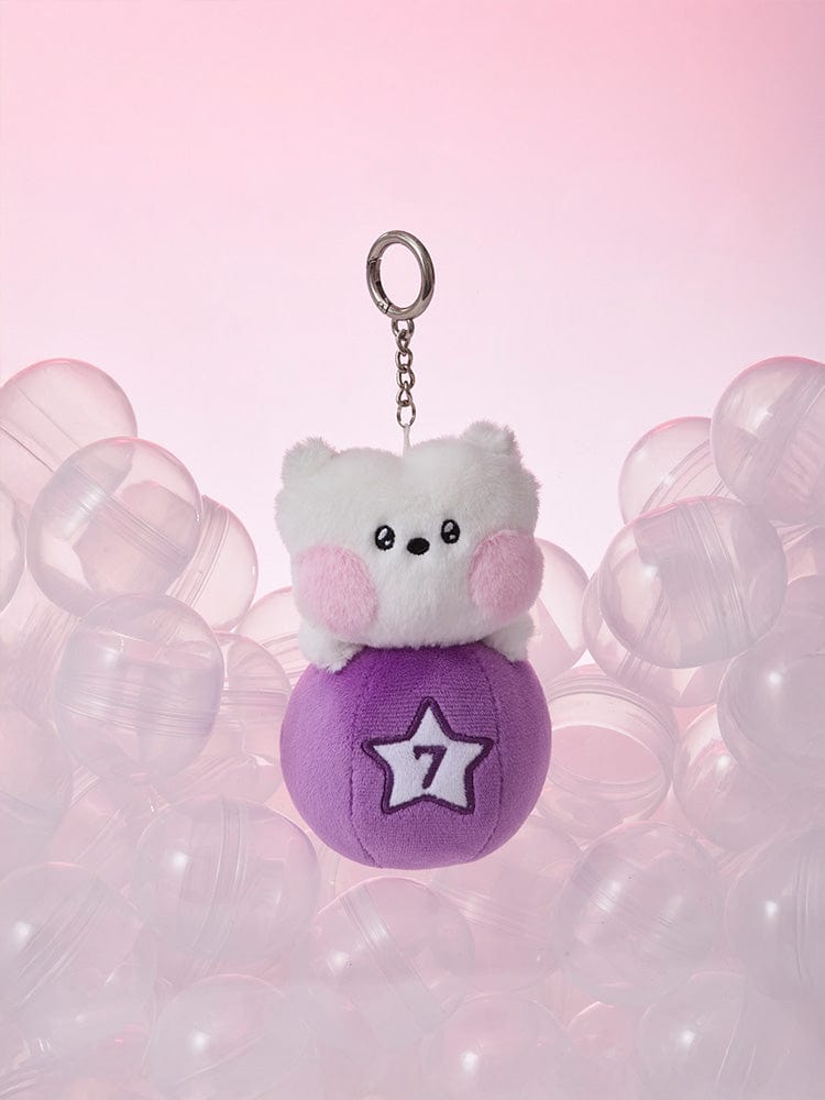 BT21 RJ minini PLUSH KEYRING LUCKY GATCHA : porte-clés alpaga RJ en peluche sur billes roses, accessoire officiel LINE.