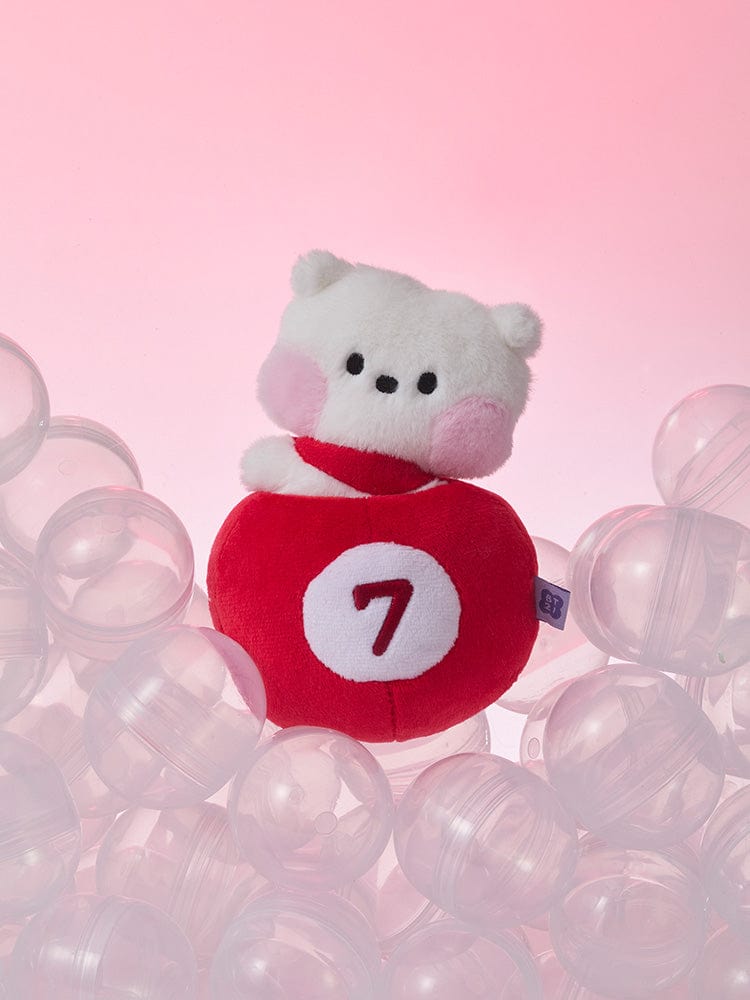 BT21 RJ minini PLUSH LUCKY GATCHA : peluche officielle RJ en alpaga, sur décor de bulles roses, style lucky gatcha.