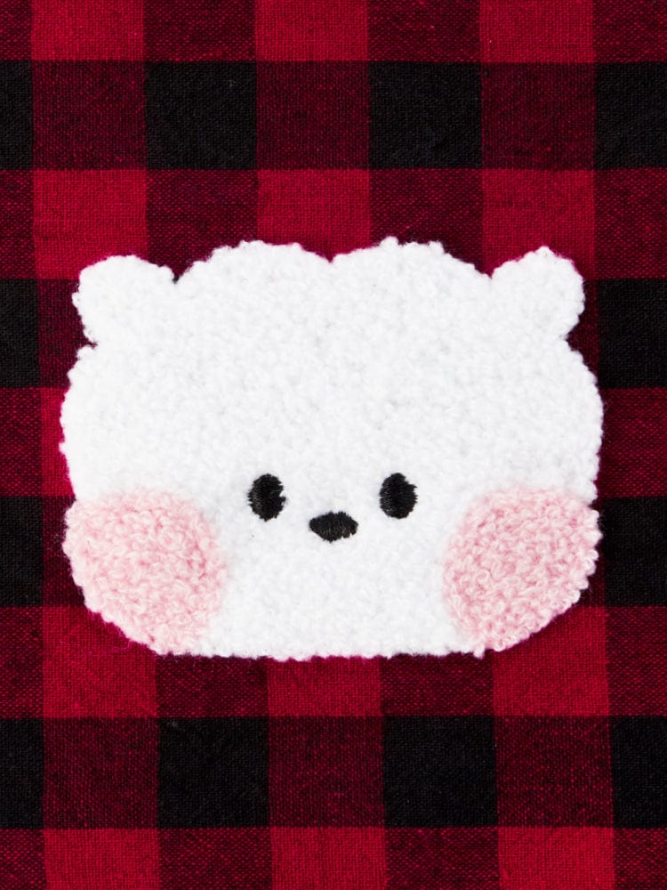 BT21 RJ minini STRING POUCH BASIC : pochette string en tissu blanc avec RJ, sur fond carreaux rouge, collection MININI LINE FRIENDS