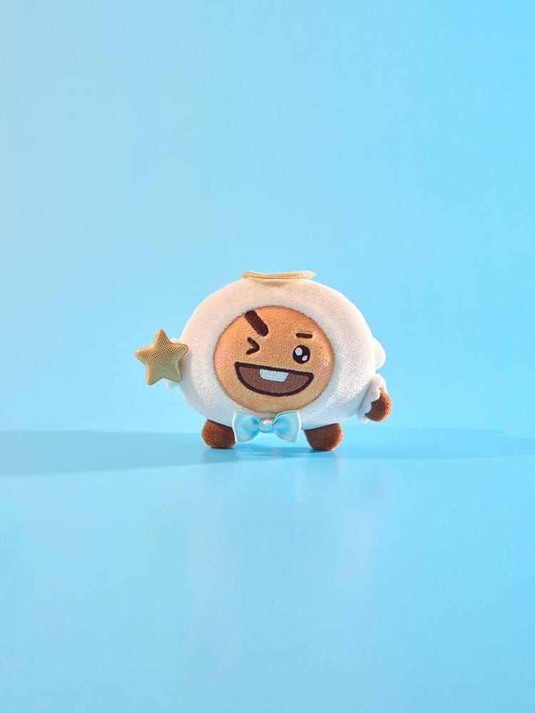BT21 SHOOKY ANGEL PLUSH ANGEL & VILLAIN : peluche officielle LINE FRIENDS, Shooky en ange sur fond bleu clair.