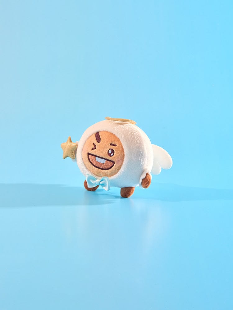 BT21 SHOOKY ANGEL PLUSH ANGEL & VILLAIN peluche officielle LINE FRIENDS, personnage SHOOKY en costume d’ange sur fond bleu.