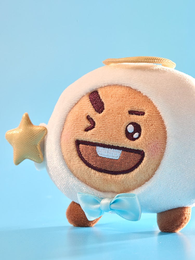 BT21 SHOOKY ANGEL PLUSH ANGEL & VILLAIN, peluche officielle LINE FRIENDS SHOOKY avec étoile, fond bleu clair, détail mignon