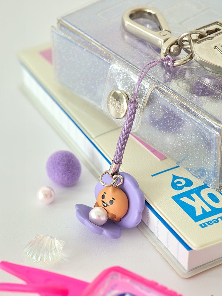 BT21 SHOOKY BABY PEARL FIGURINE STRAP, porte-clés bébé perlé SHOOKY sur boîte LINE FRIENDS, fond K-pop