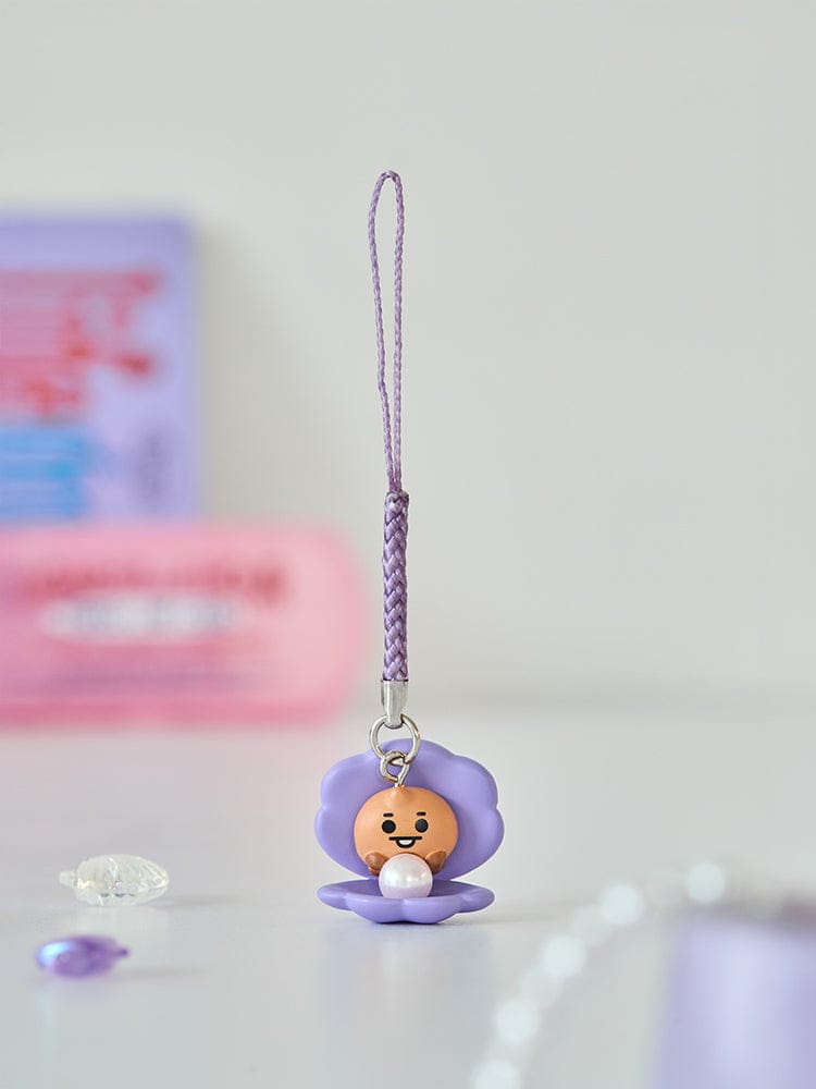 BT21 SHOOKY BABY PEARL FIGURINE STRAP, porte-clés figurine SHOOKY en fleur lilas sur fond clair, ambiance K-pop LINE FRIENDS